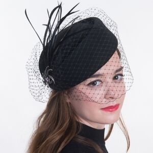 Beloved Millinery Elegant Couture Black Feather Veil Pillbox Hat Church Funeral